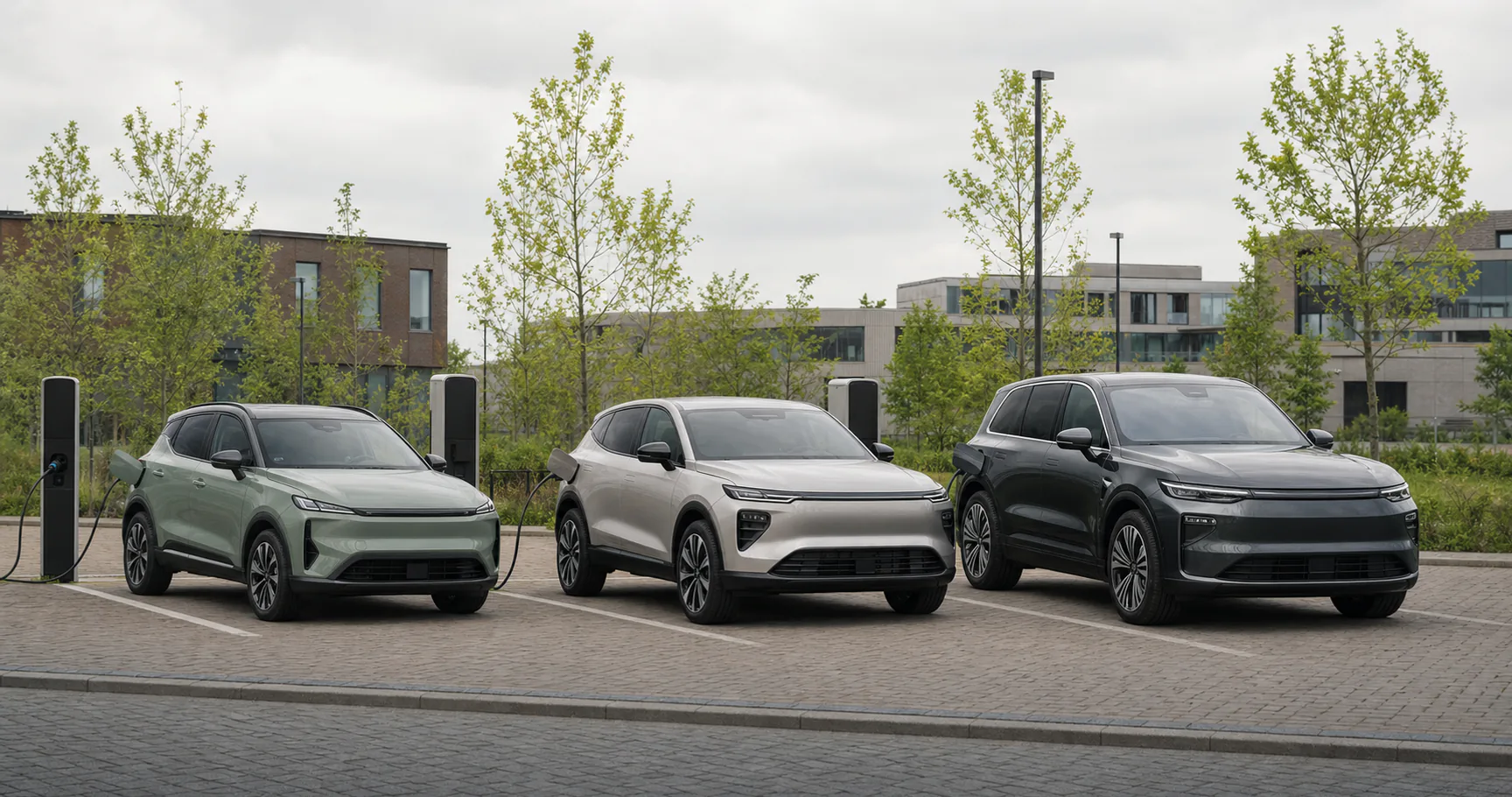 Drie elektrische SUV's van oplopend formaat naast elkaar op een Nederlands laadplein