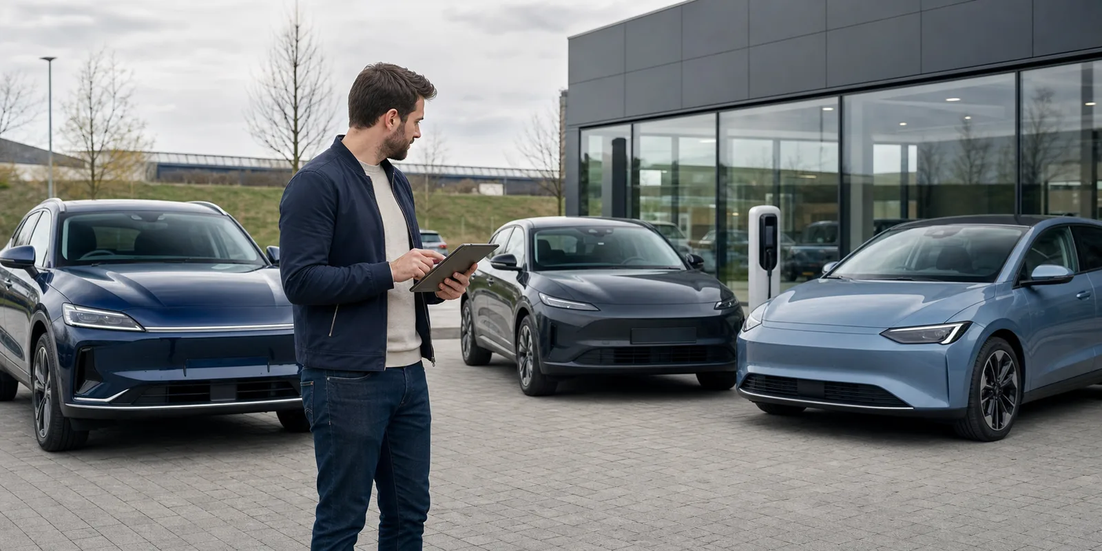 Autokoper vergelijkt drie elektrische auto's op een tablet voor een Nederlandse showroom met laadpunt