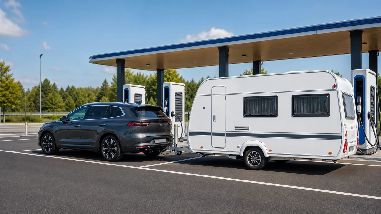 Elektrische SUV met trekhaak en caravan bij een snellaadstation langs de snelweg