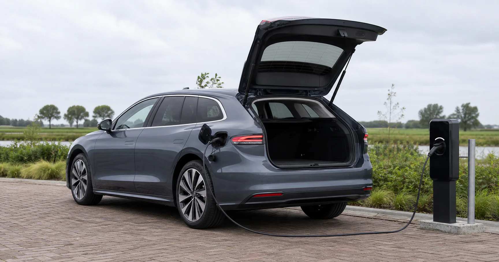 Elektrische stationwagon met geopende achterklep aan een laadpaal op een Nederlandse parkeerplaats