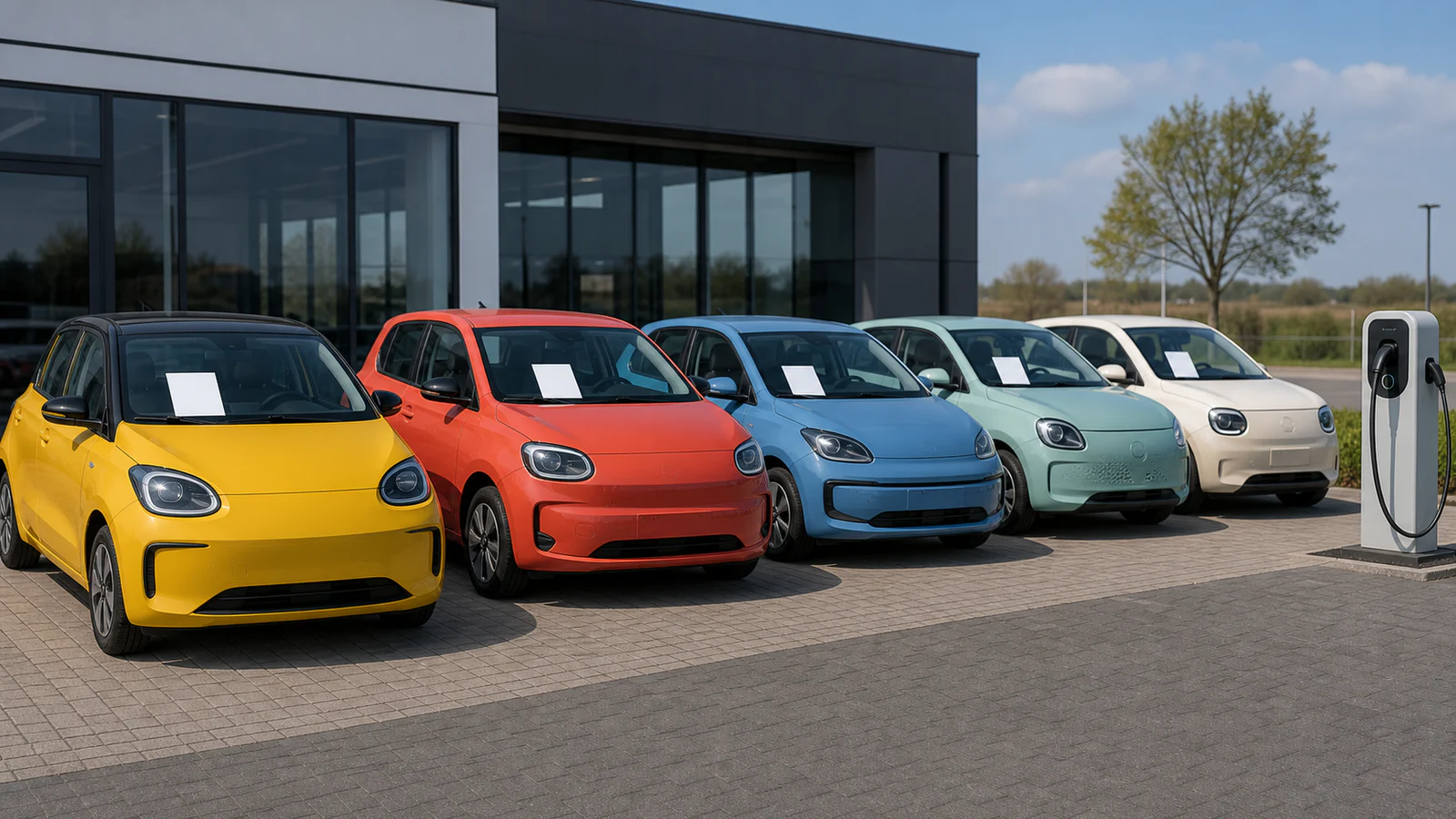 Rij compacte elektrische auto's met prijsaanduidingen achter de voorruit op het buitenterrein van een Nederlandse autodealer