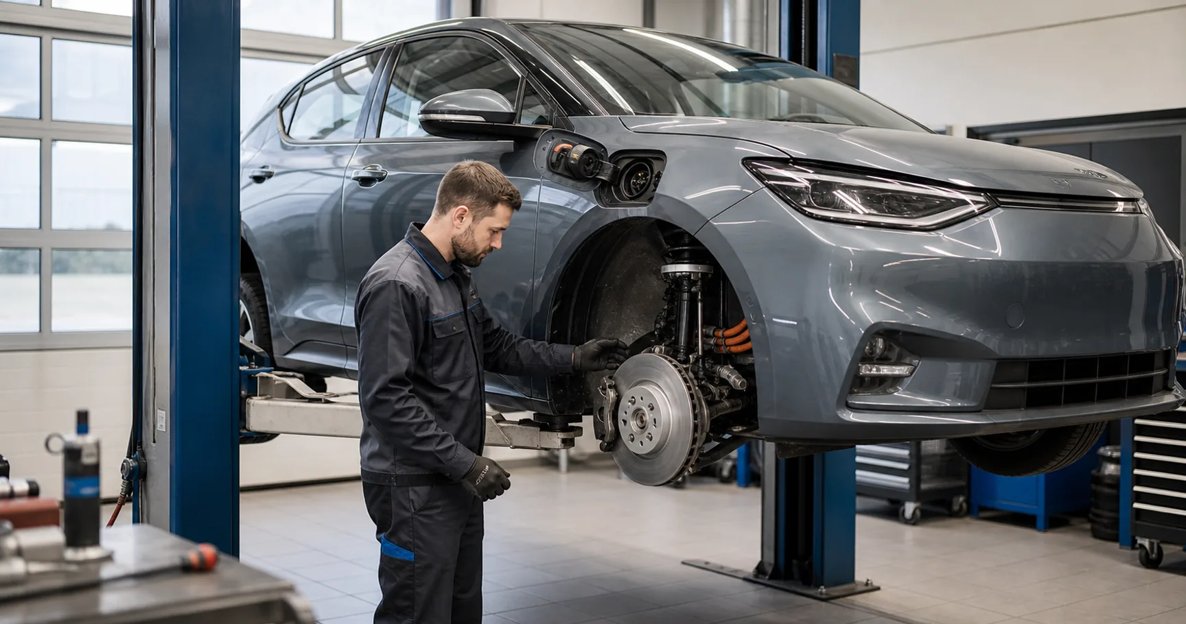 Monteur controleert de remmen van een elektrische auto op een hefbrug in een Nederlandse werkplaats