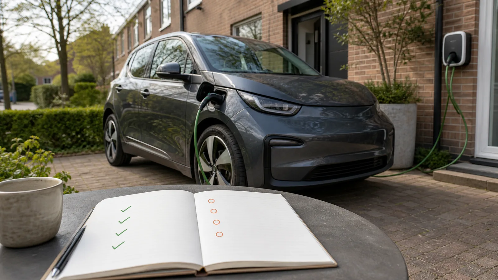 Elektrische auto aan de laadkabel voor een woonhuis, met op de voorgrond een notitieboek met twee kolommen voor voordelen en nadelen