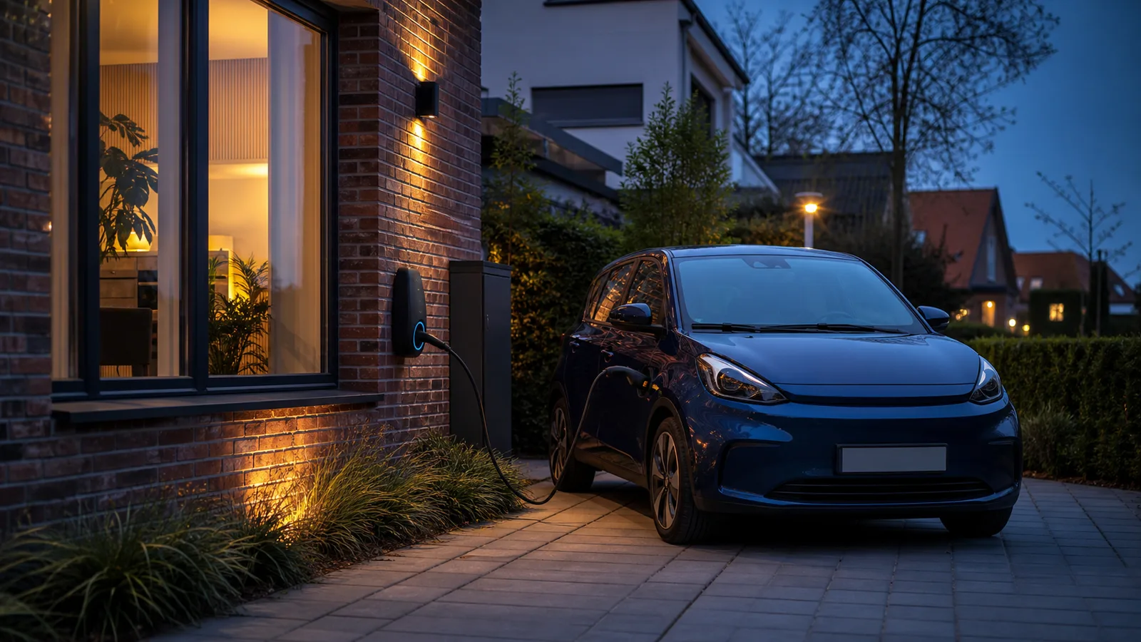 Elektrische auto die in de schemering aan een wandlader naast een Nederlandse woning staat